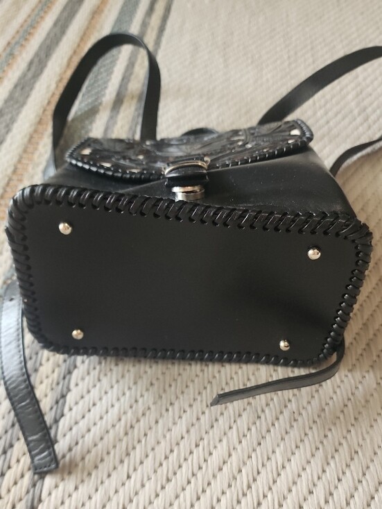 Black Leather Mini Backpack with Floral Cutout Flap main image 8